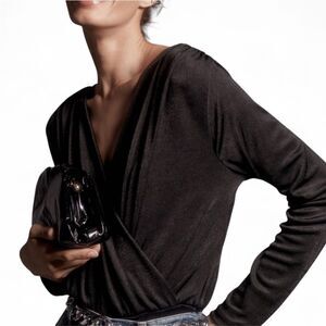 Anthropologie V-neck Bodysuit Faux-Wrap Style Black S